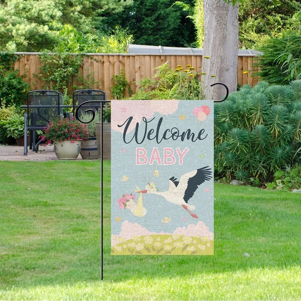 Welcome Baby Stork Garden Flag Double Sided Burlap Outdoor Yard Flag 12x18”